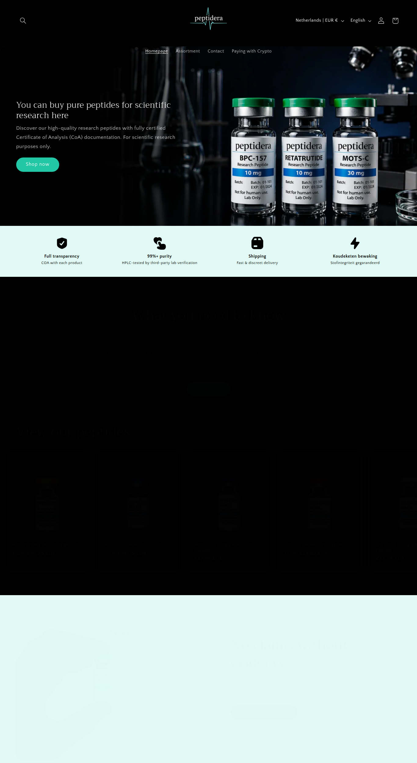 Homepage screenshot of the Peptidera research-peptide website (Netherlands), captured June 2026.