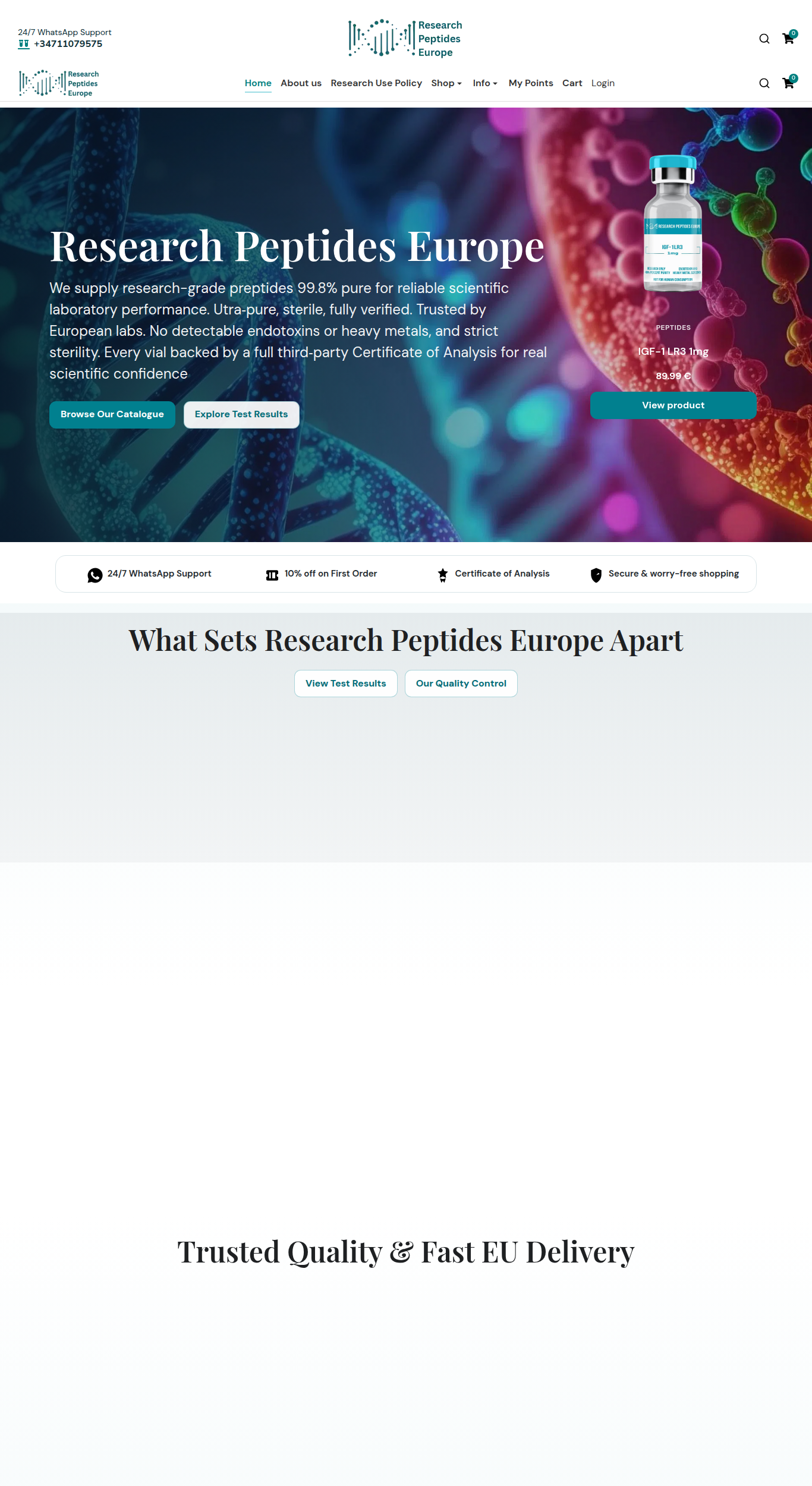 Homepage screenshot of the Research Peptides Europe research-peptide website (EU (Spain)), captured June 2026.