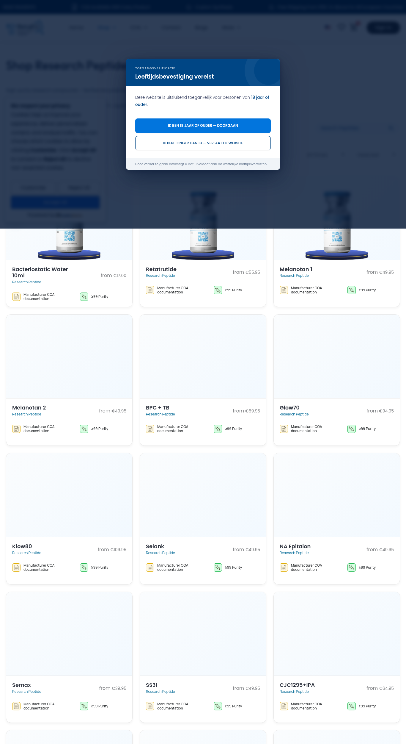 Shop page screenshot of the RetaEU research-peptide website, captured June 2026.