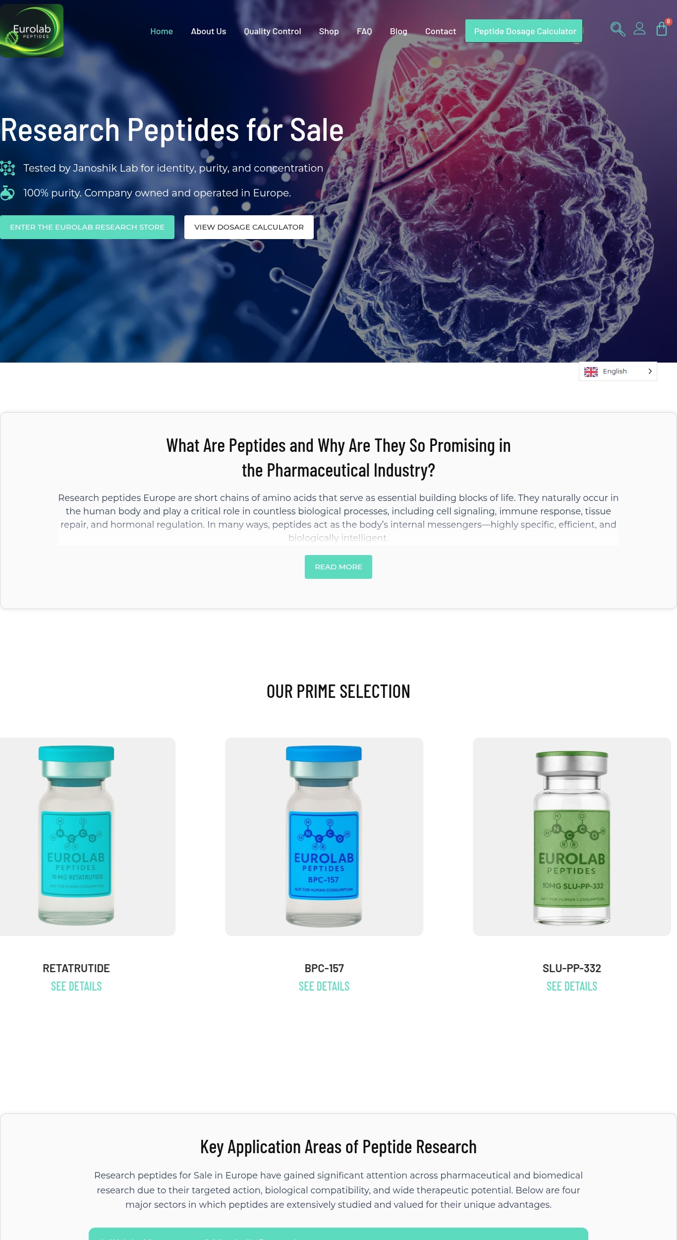 Homepage screenshot of the EuroLab Peptides research-peptide website (EU), captured June 2026.