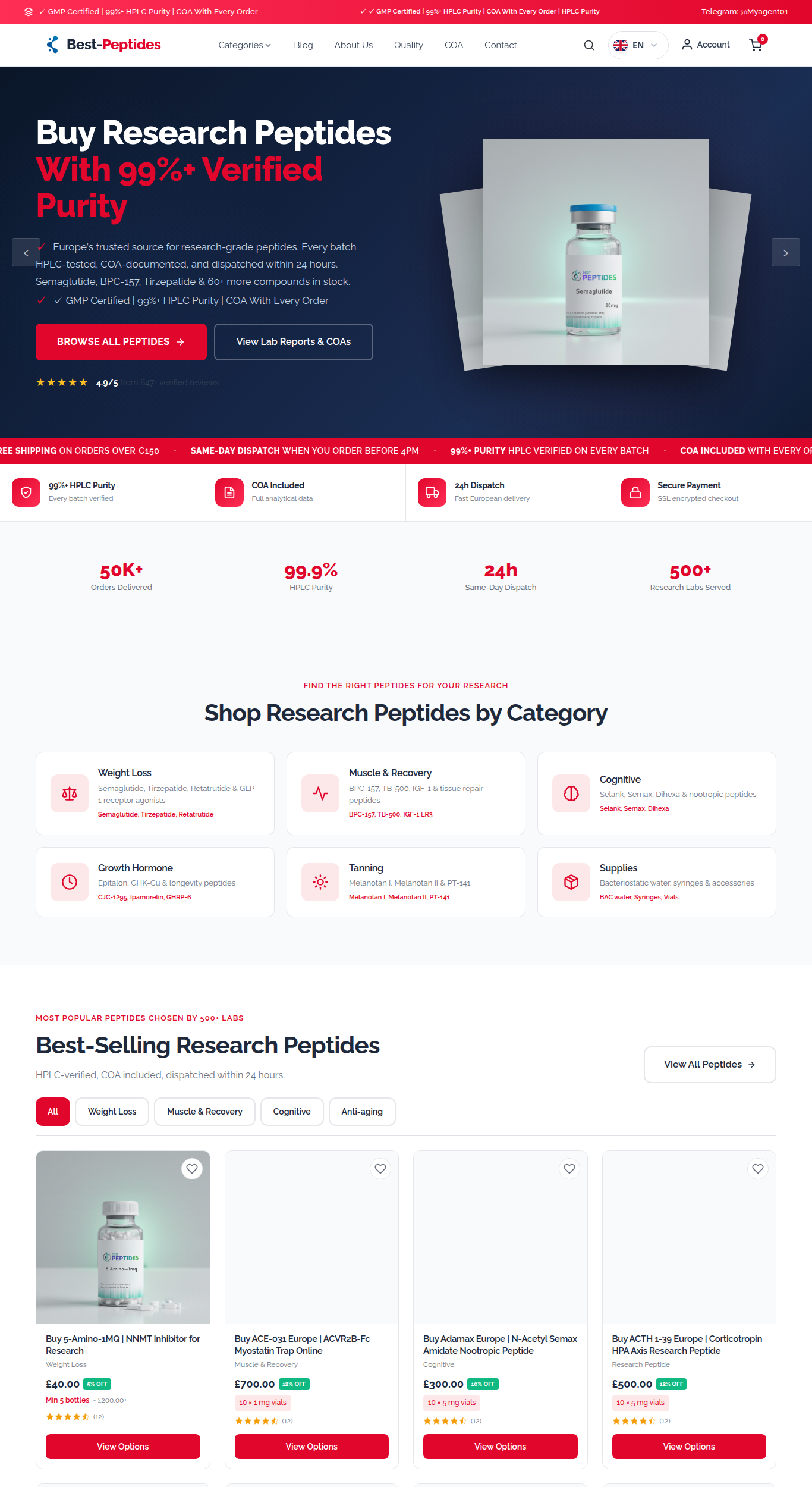 Homepage screenshot of the Best-Peptides research-peptide website (UK/EU), captured June 2026.