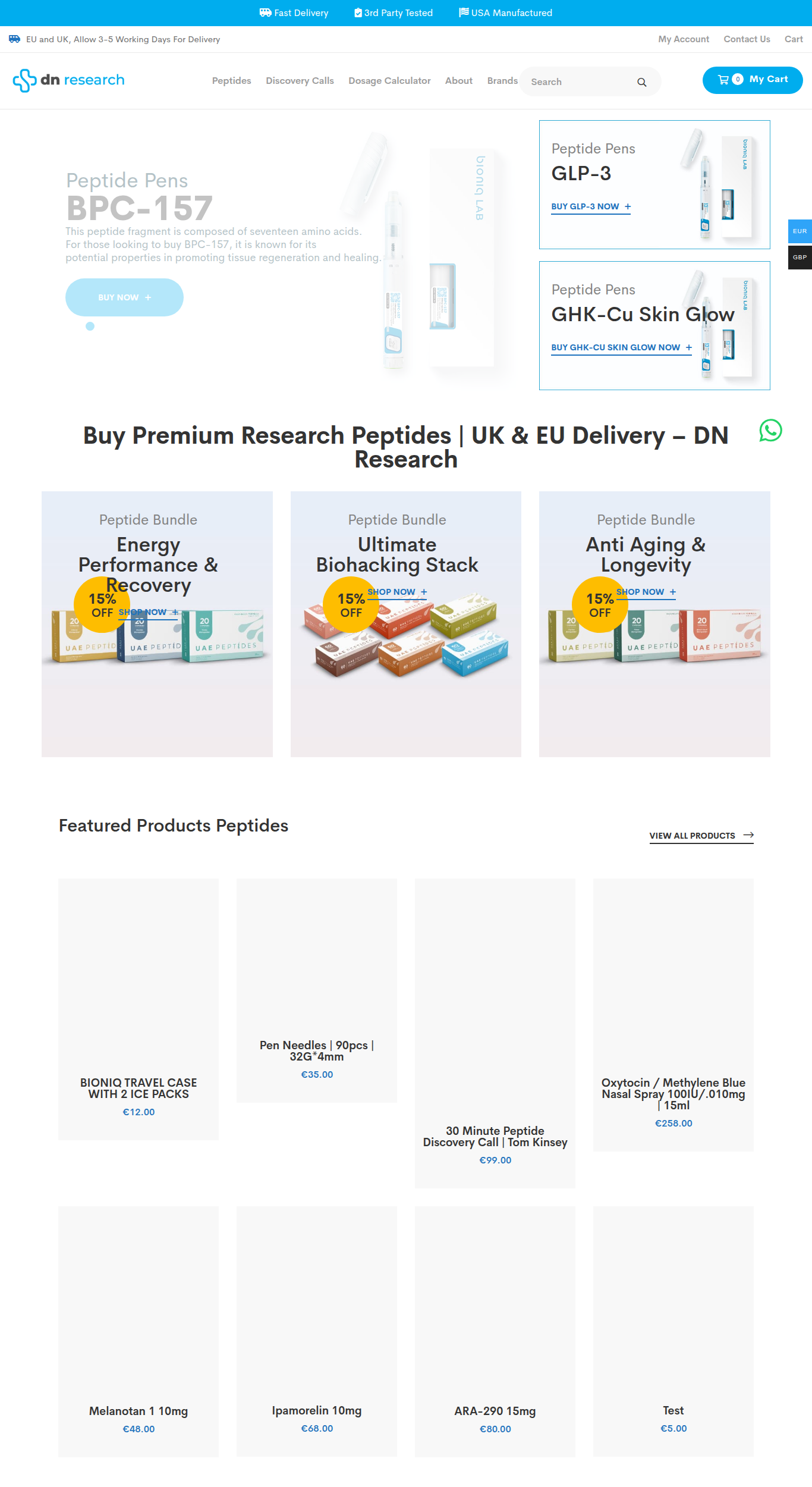 Homepage screenshot of the DN Lab Research research-peptide website (International (NL page)), captured June 2026.