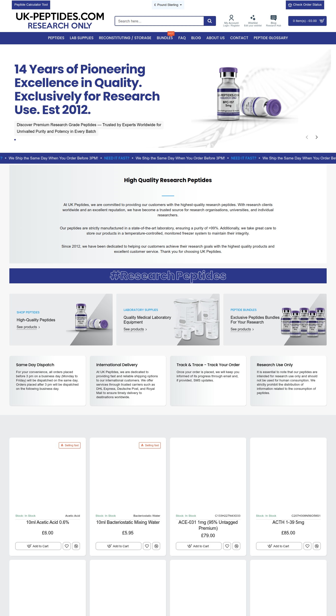 Homepage screenshot of the UK-Peptides research-peptide website (UK (Middlesbrough)), captured June 2026.