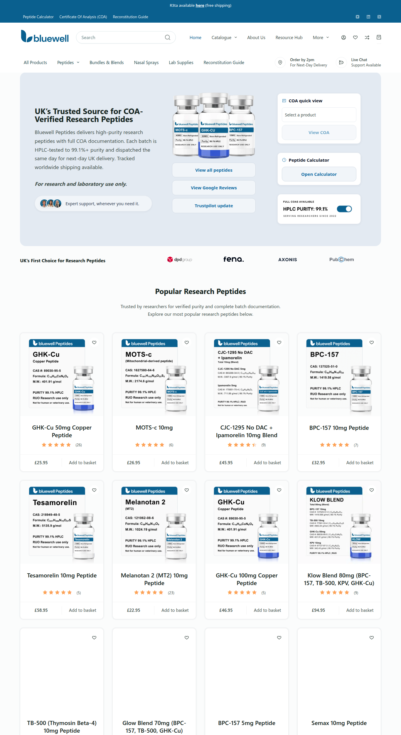 Homepage screenshot of the Bluewell Peptides research-peptide website (UK (Manchester)), captured June 2026.