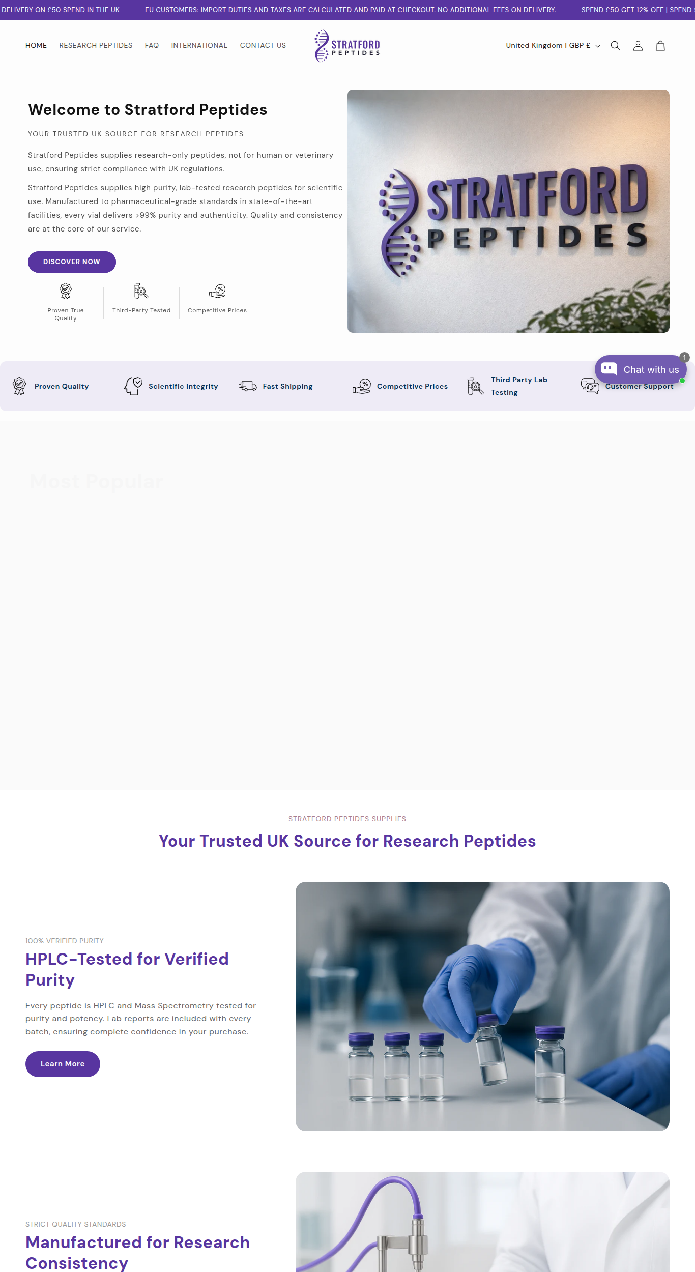 Homepage screenshot of the Stratford Peptides research-peptide website (UK), captured June 2026.