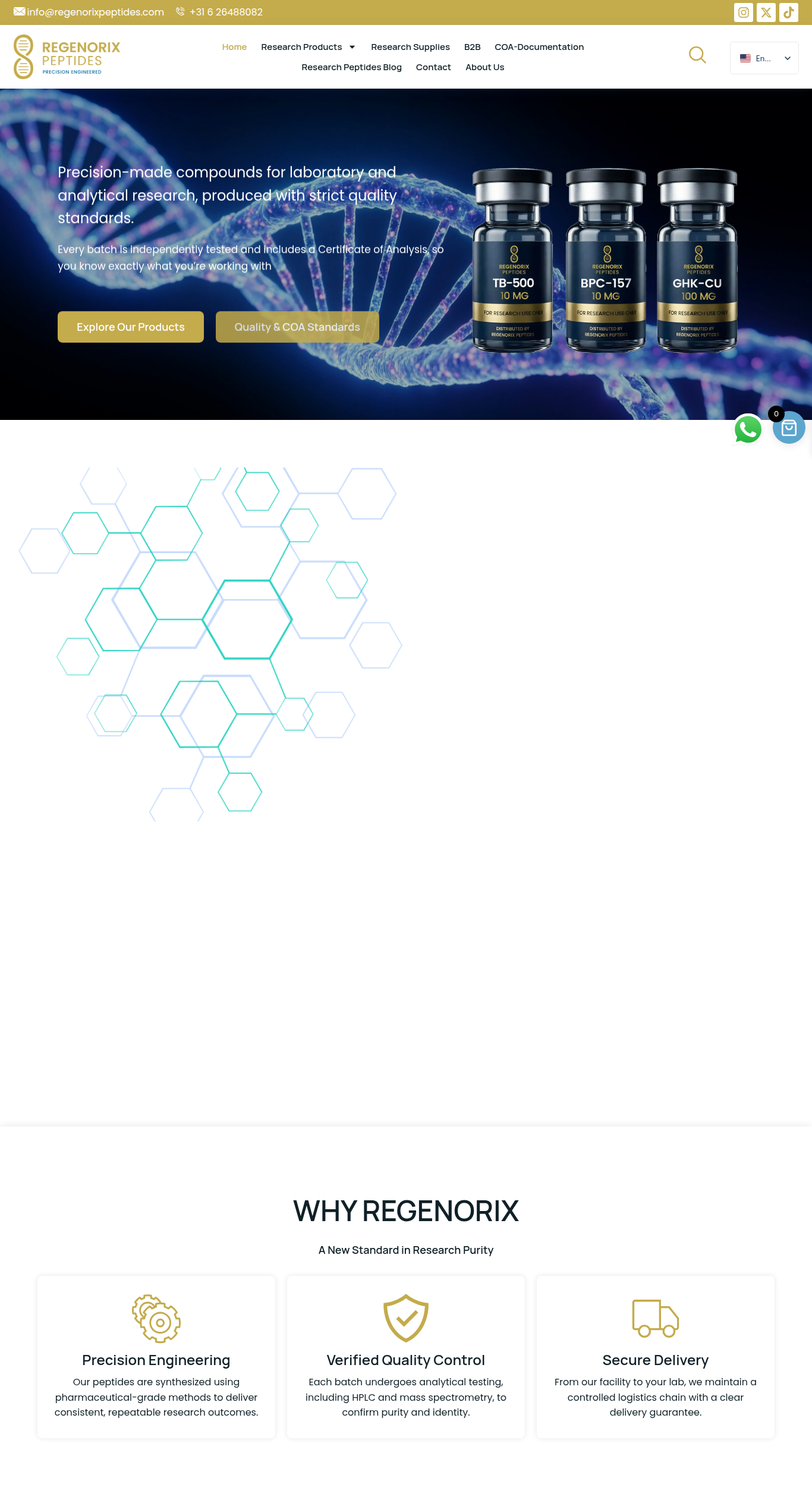 Homepage screenshot of the Regenorix Peptides research-peptide website (EU (NL contact)), captured June 2026.