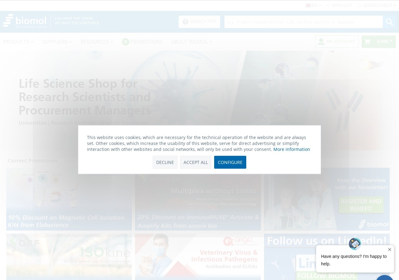 Homepage screenshot of the BIOMOL research-peptide website (Germany).