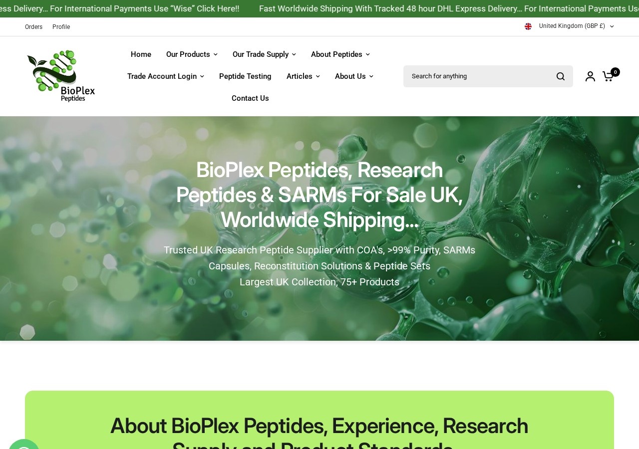 Homepage screenshot of the BioPlex Peptides research-peptide website (UK).