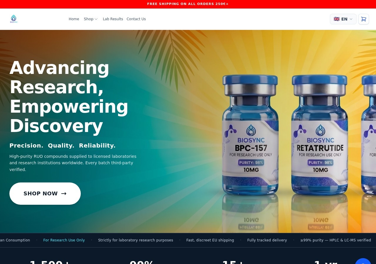 Homepage screenshot of the BioSyncLabs research-peptide website (Germany).