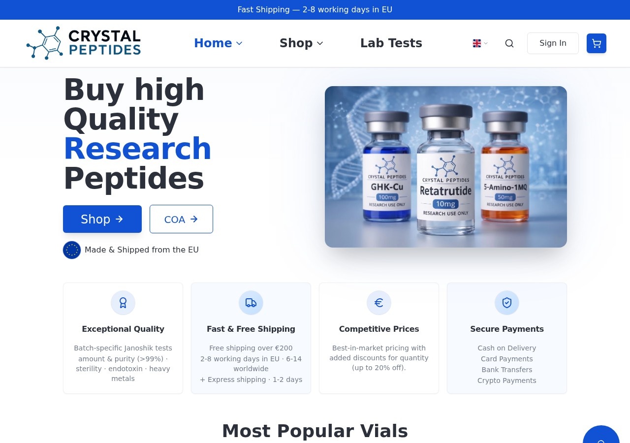 Homepage screenshot of the Crystal Peptides research-peptide website (EU).