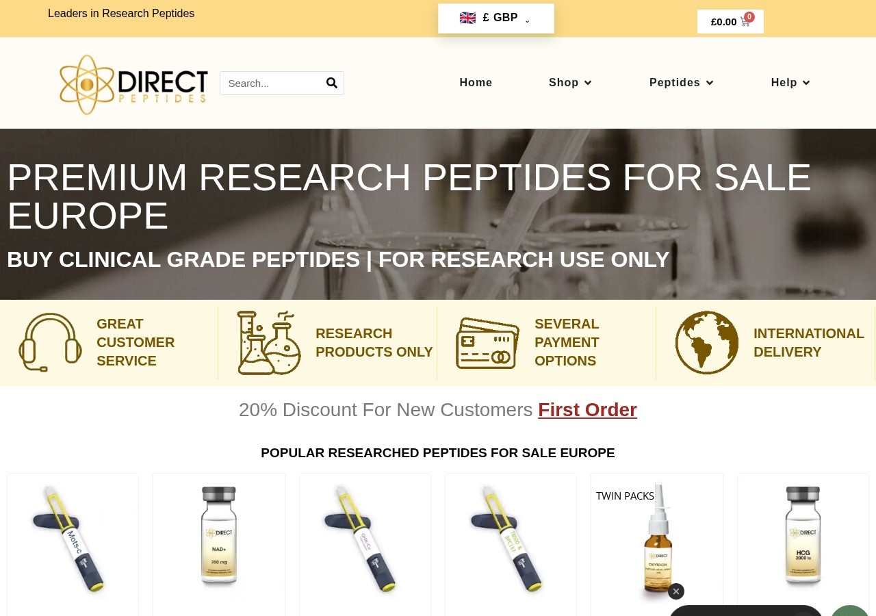 Homepage screenshot of the Direct Peptides EU research-peptide website (UK/EU).