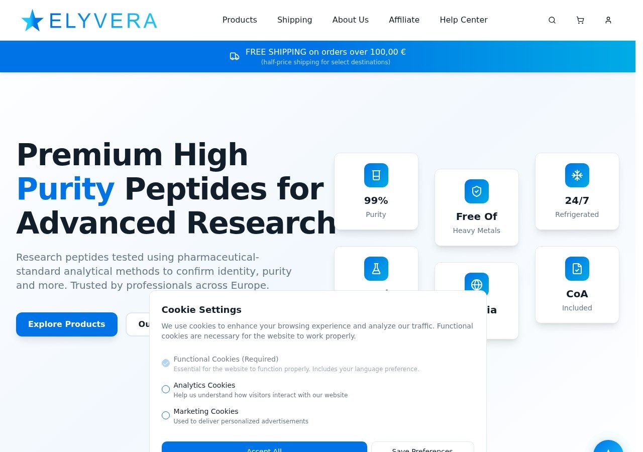 Homepage screenshot of the ELYVERA (Europeptides) research-peptide website (Austria/EU).