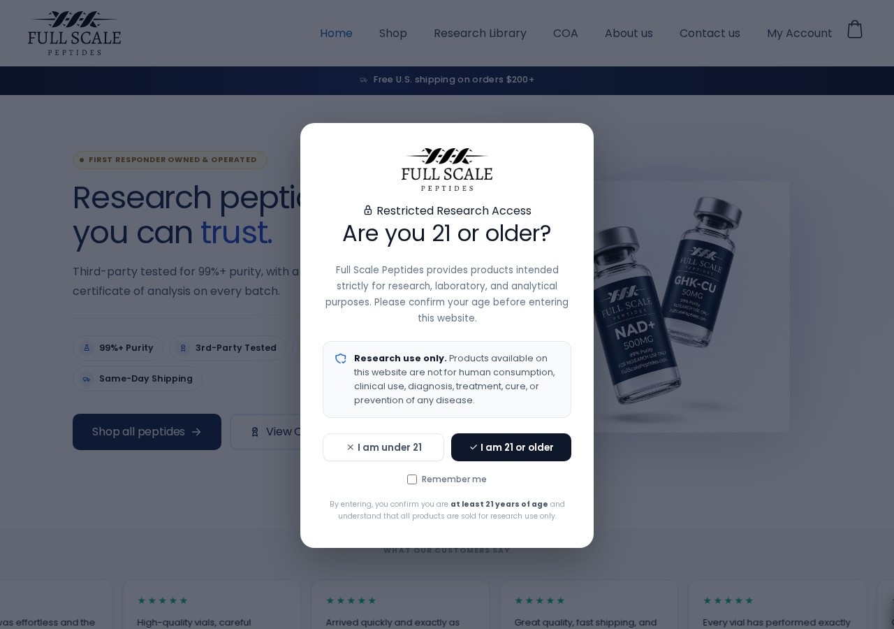 Homepage screenshot of the Full Scale Peptides research-peptide website (EU).