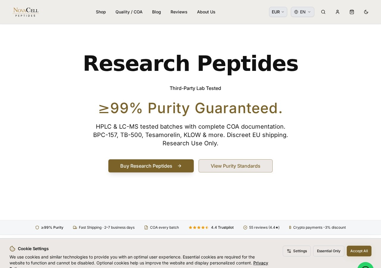 Homepage screenshot of the NovaCell Peptides research-peptide website (Germany).