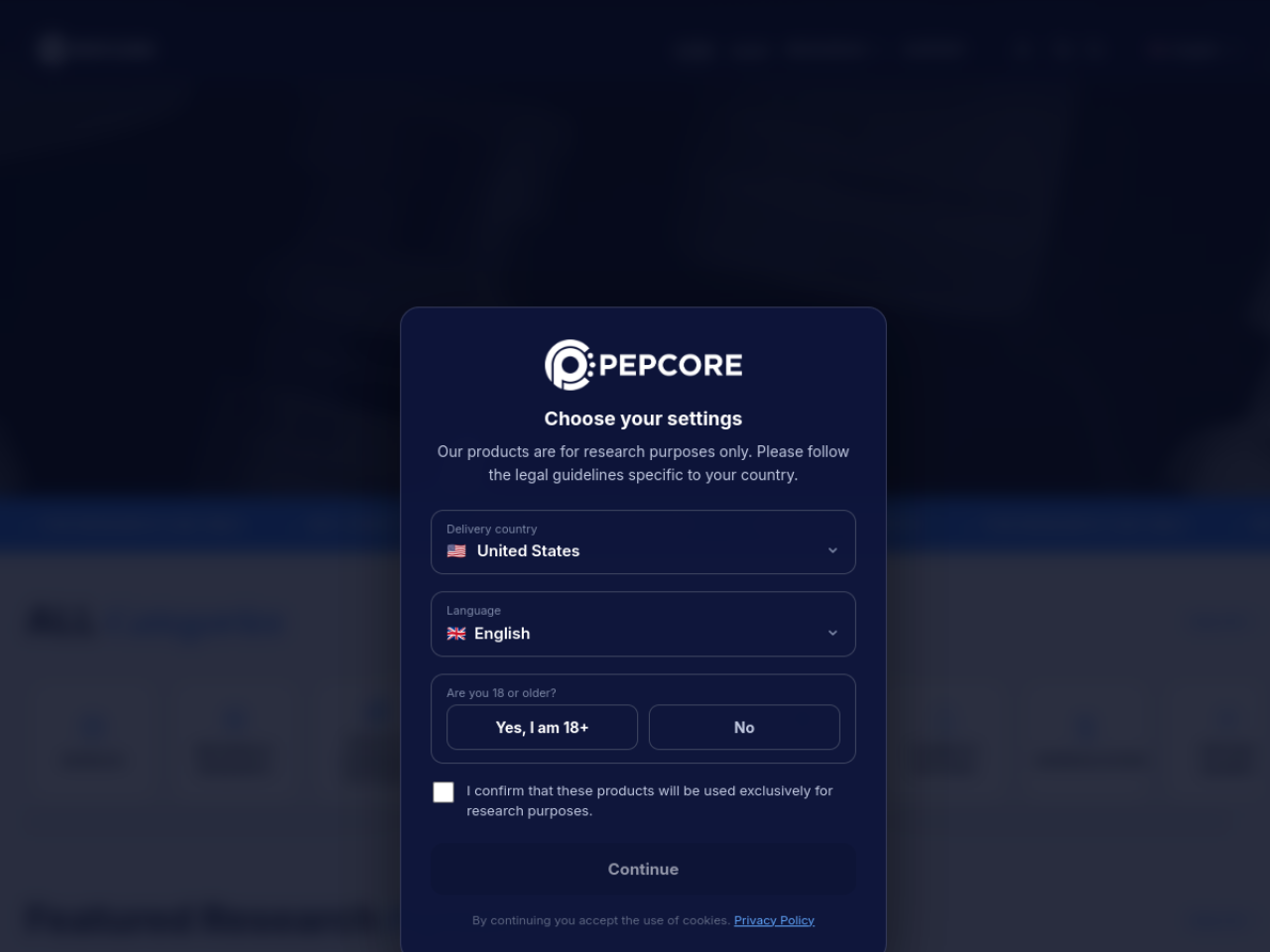 Homepage screenshot of the Pepcore research-peptide website (Germany/EU).