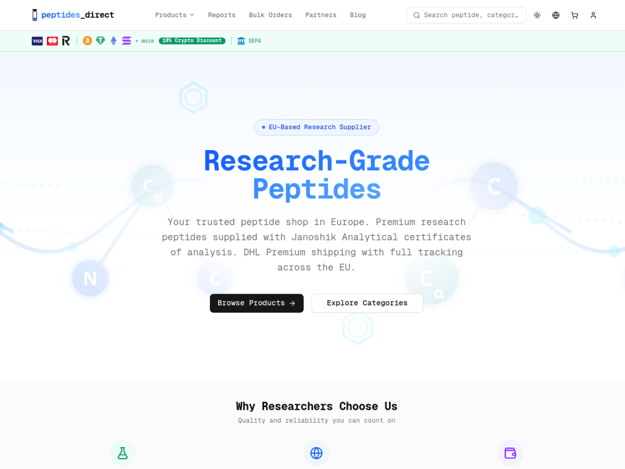 Homepage screenshot of the Peptide Direct research-peptide website (EU).