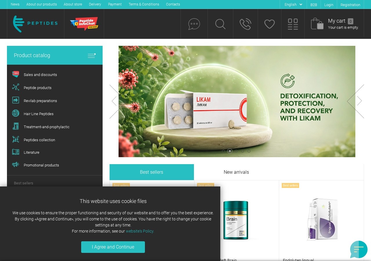 Homepage screenshot of the Peptide Store research-peptide website (EU).