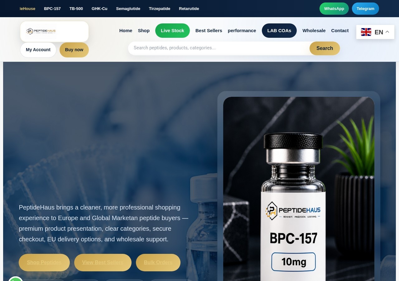 Homepage screenshot of the PeptideHaus research-peptide website (Germany/EU).