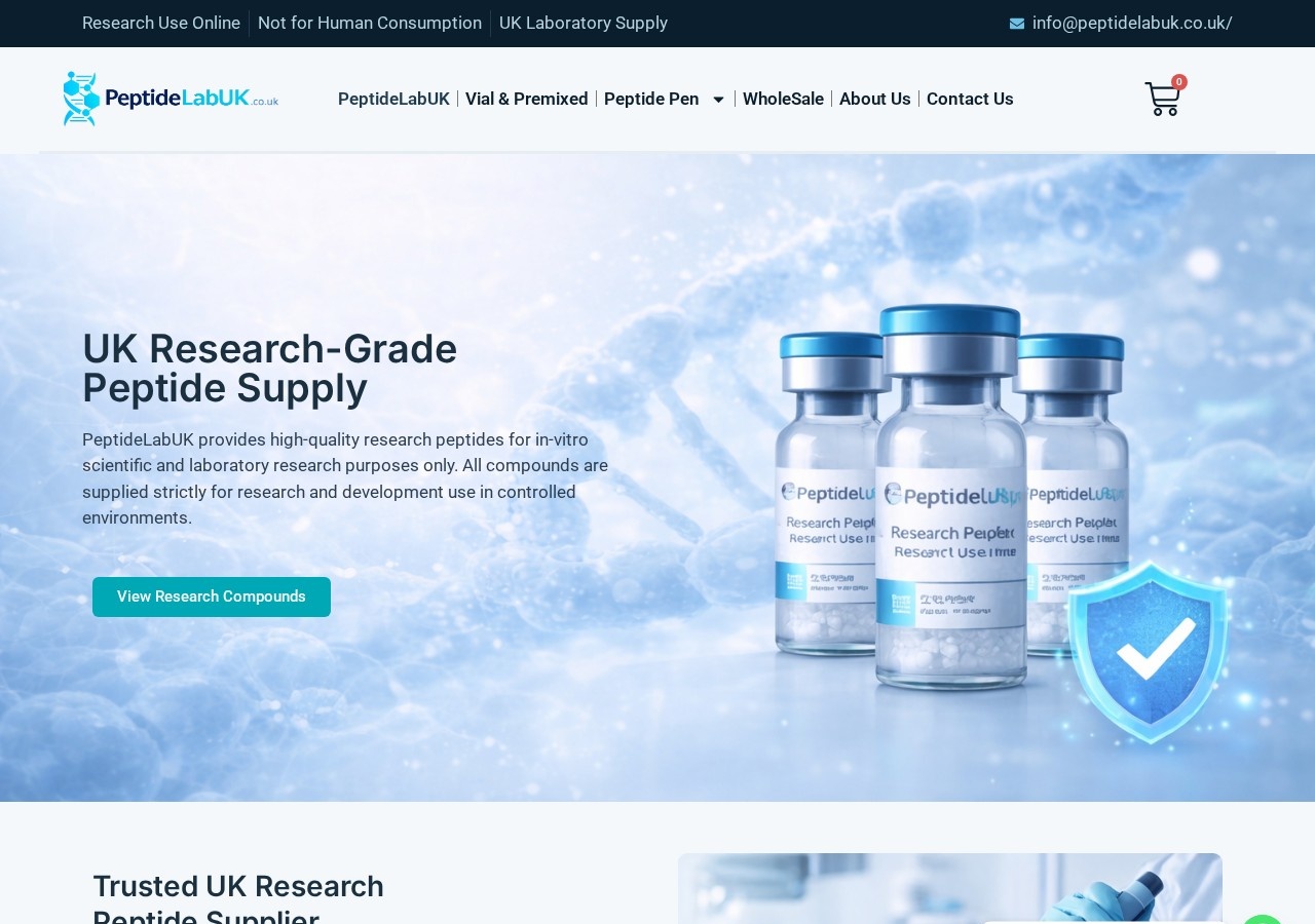 Homepage screenshot of the PeptideLabUK research-peptide website (UK).