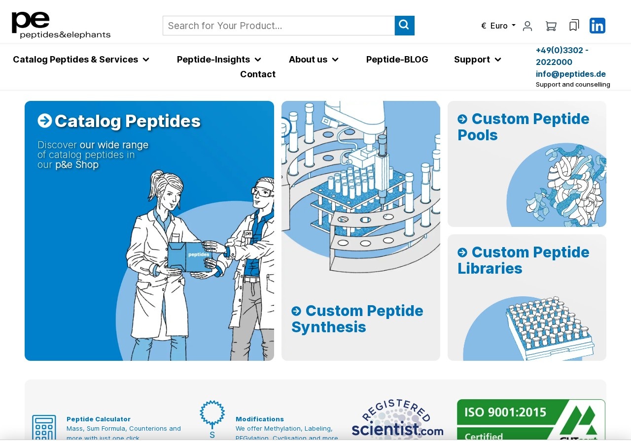 Homepage screenshot of the peptides&elephants research-peptide website (Germany (Hennigsdorf near Berlin)).