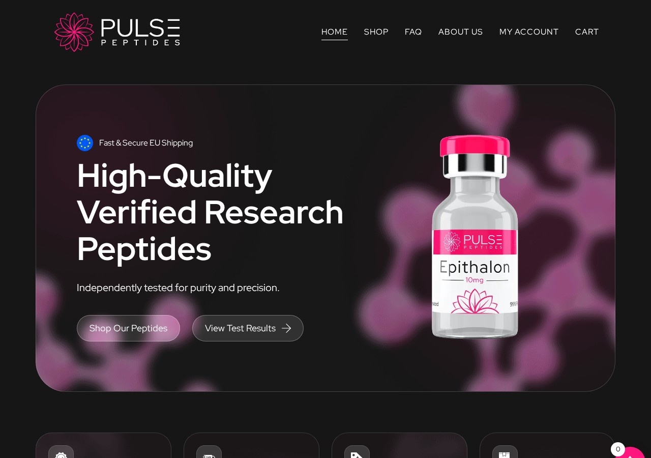 Homepage screenshot of the PulsePeptides research-peptide website (EU).