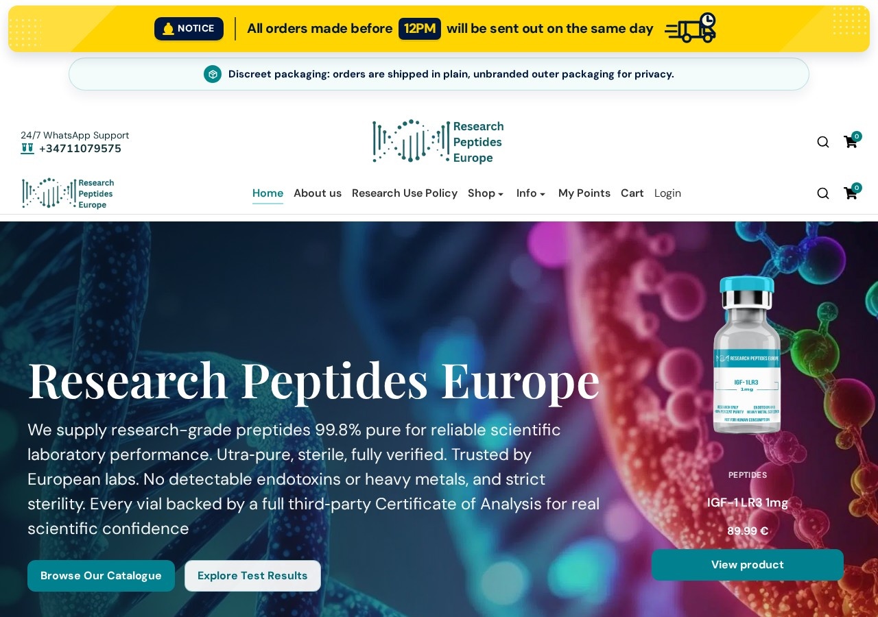 Homepage screenshot of the Research Peptides Europe research-peptide website (EU).