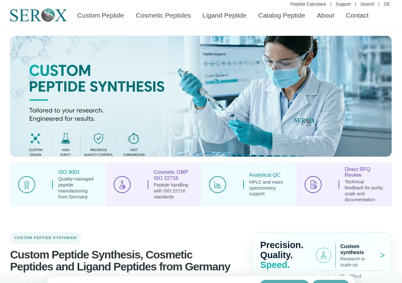Homepage screenshot of the Serox GmbH research-peptide website (Germany (Mannheim)).