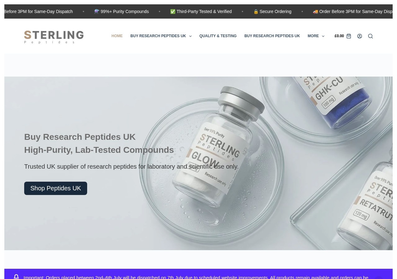 Homepage screenshot of the Sterling Peptides research-peptide website (UK).