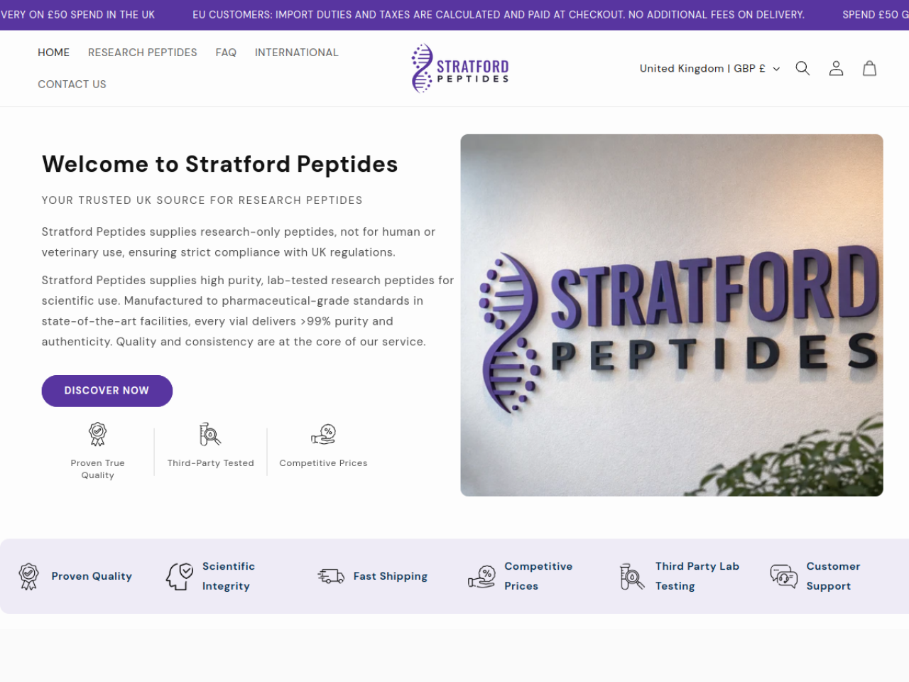 Homepage screenshot of the Stratford Peptides research-peptide website (UK).
