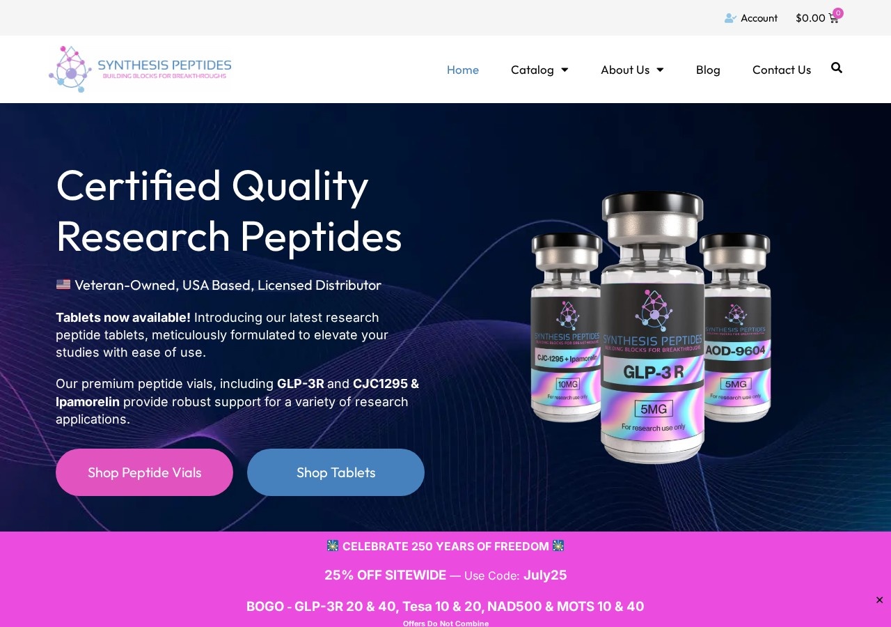 Homepage screenshot of the Synthesis Peptides research-peptide website (International).