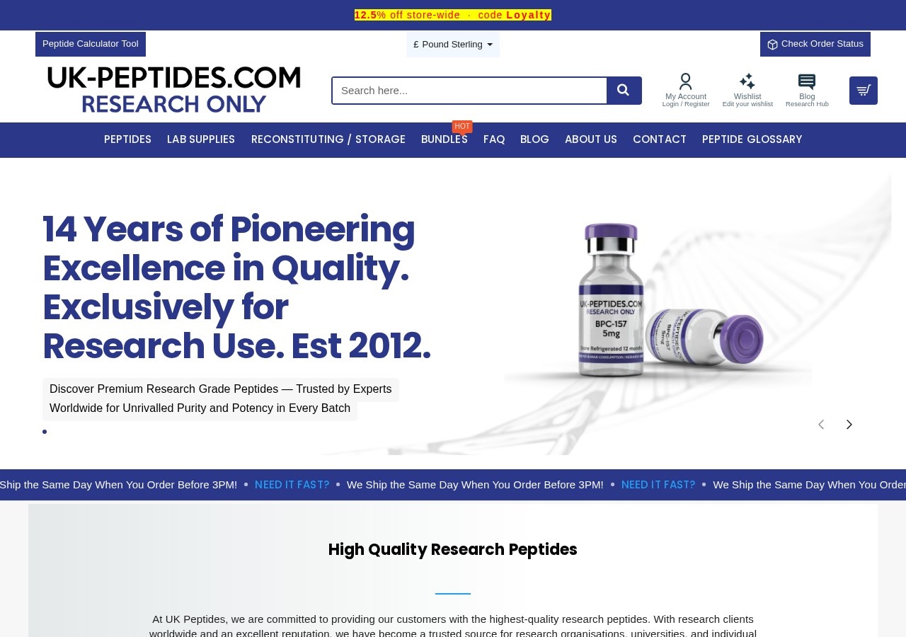 Homepage screenshot of the UK Peptides research-peptide website (UK).