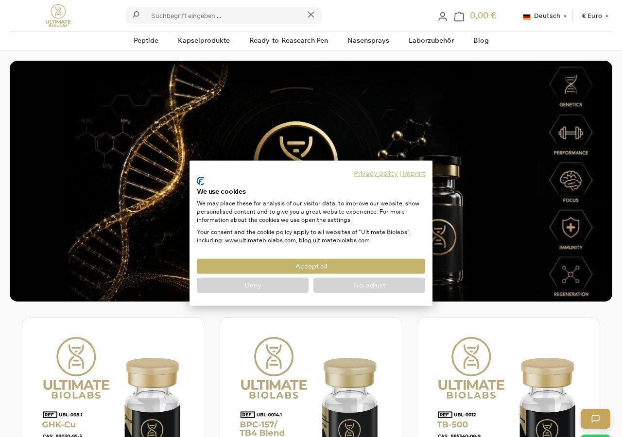 Homepage screenshot of the Ultimate Biolabs research-peptide website (Germany).