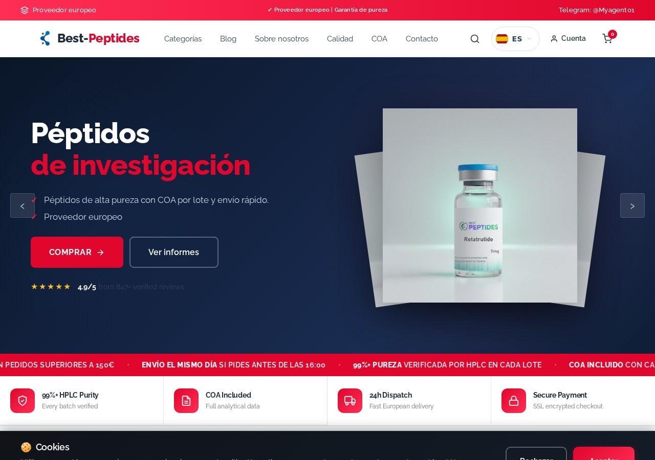 Homepage screenshot of the Best-Peptides research-peptide website (EU).