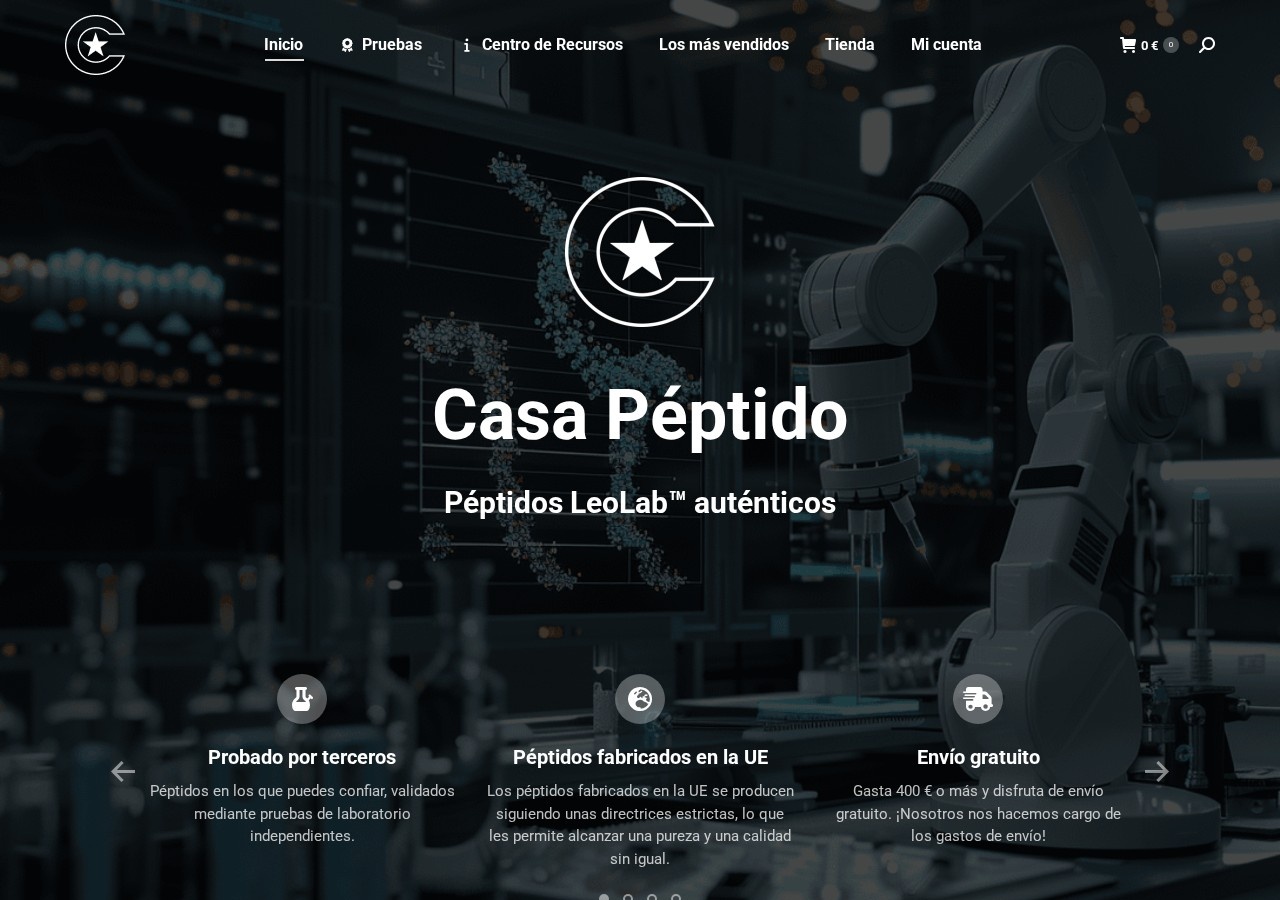 Homepage screenshot of the Casa Peptido research-peptide website (Spain (Madrid)).