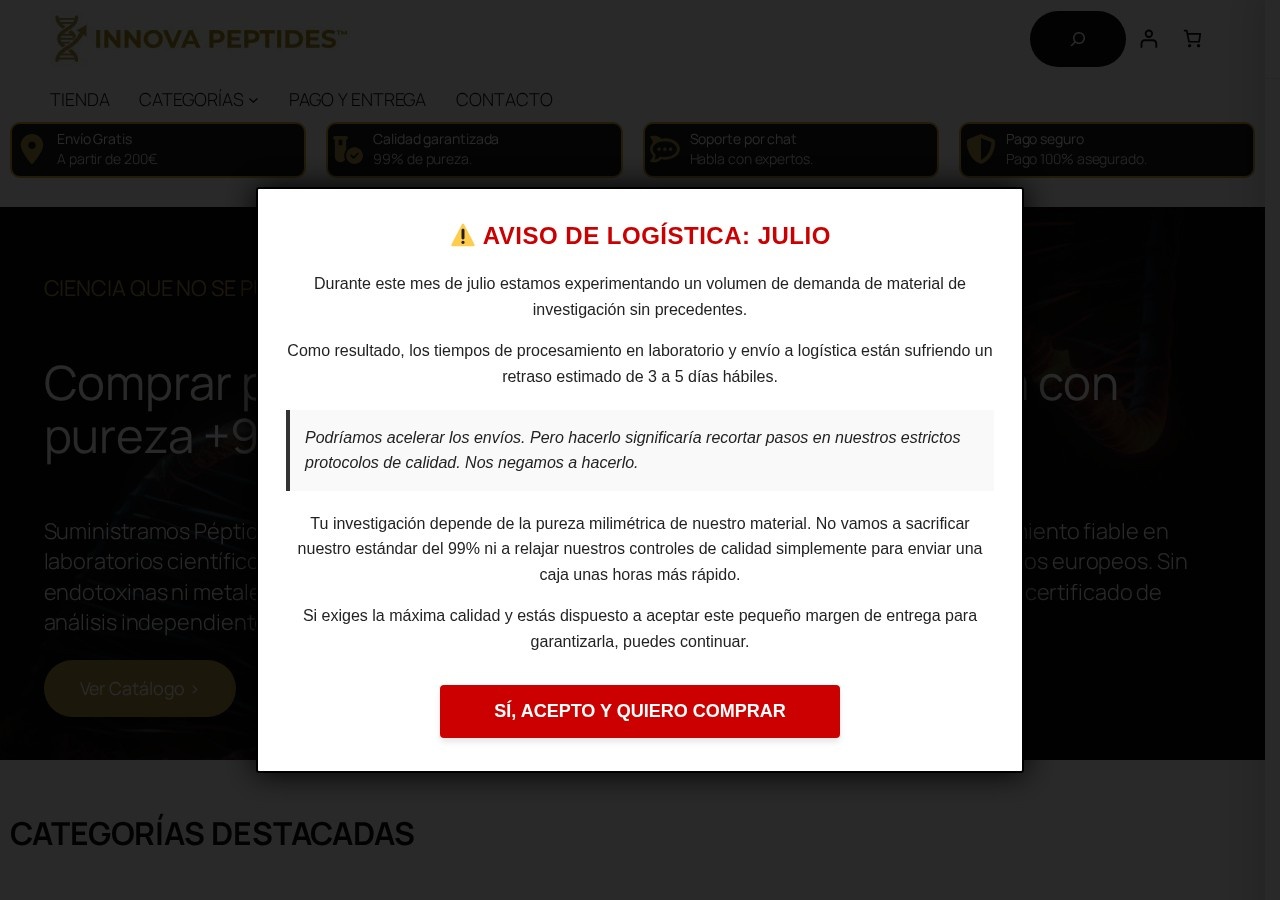 Homepage screenshot of the Innova BioTech Research research-peptide website (Spain).