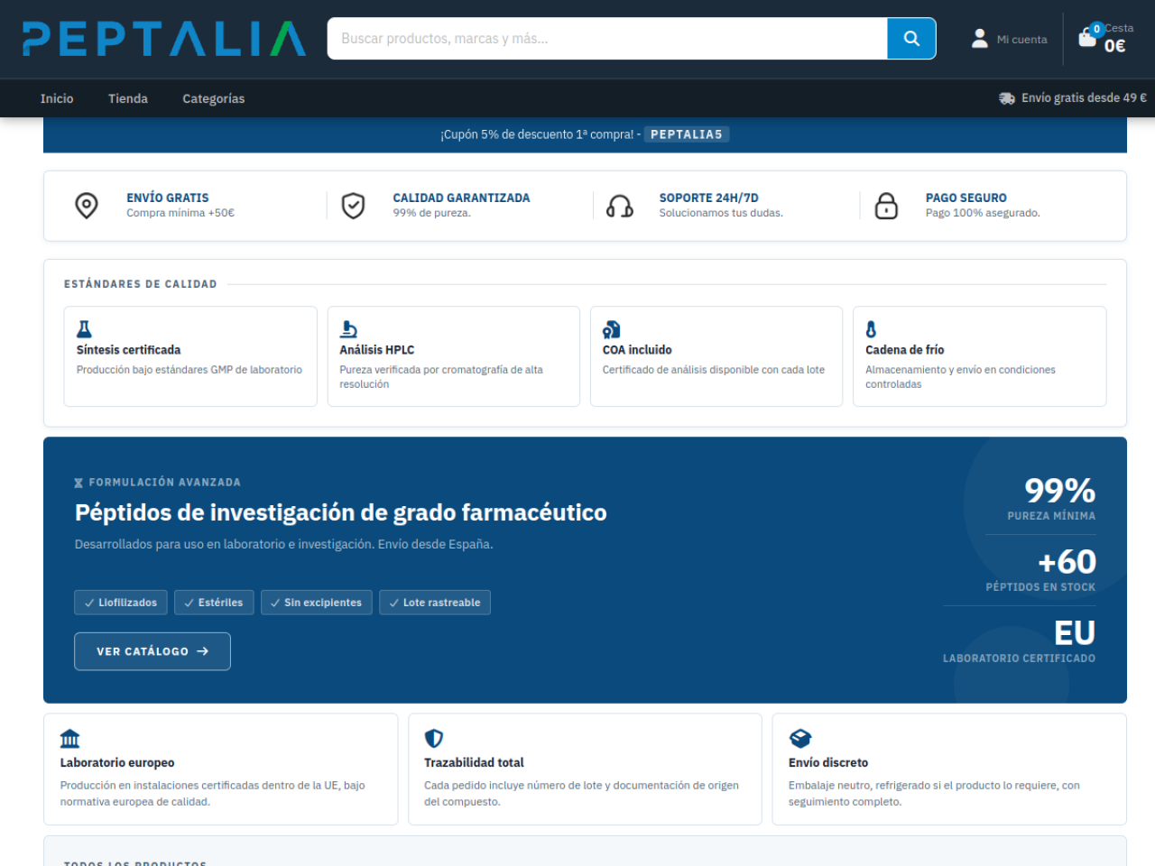 Homepage screenshot of the Peptalia research-peptide website (Spain).