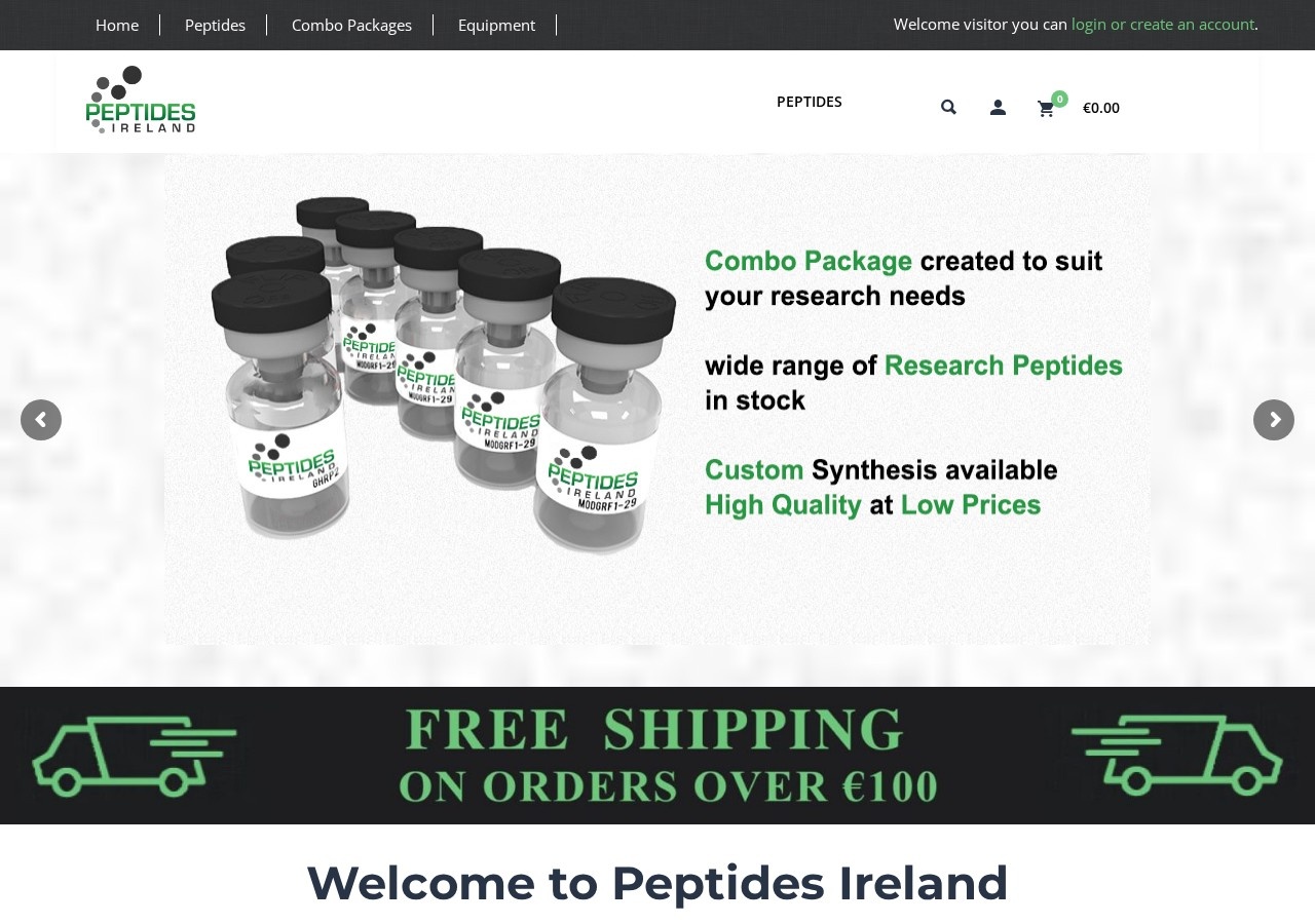Homepage screenshot of the Peptides Ireland research-peptide website (Ireland).