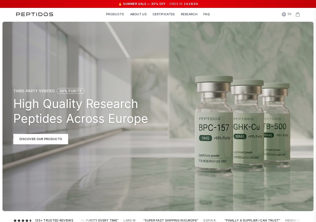 Homepage screenshot of the Peptidos.eu research-peptide website (EU (Denmark, Copenhagen)).