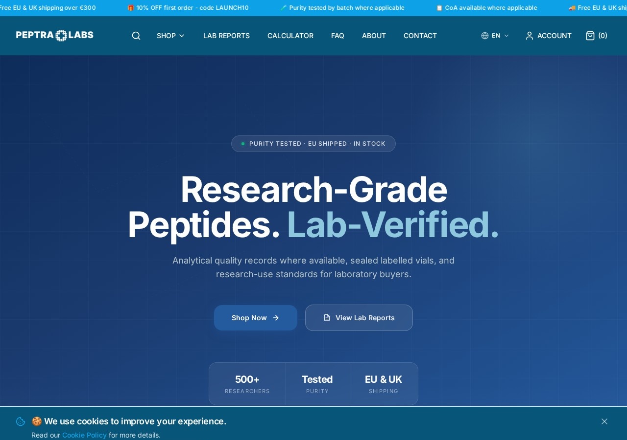 Homepage screenshot of the Peptra Labs research-peptide website (EU (Bulgaria)).