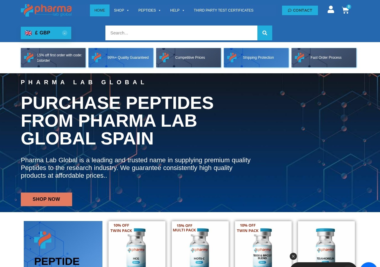 Homepage screenshot of the Pharma Lab Global research-peptide website (UK (Spain storefront)).