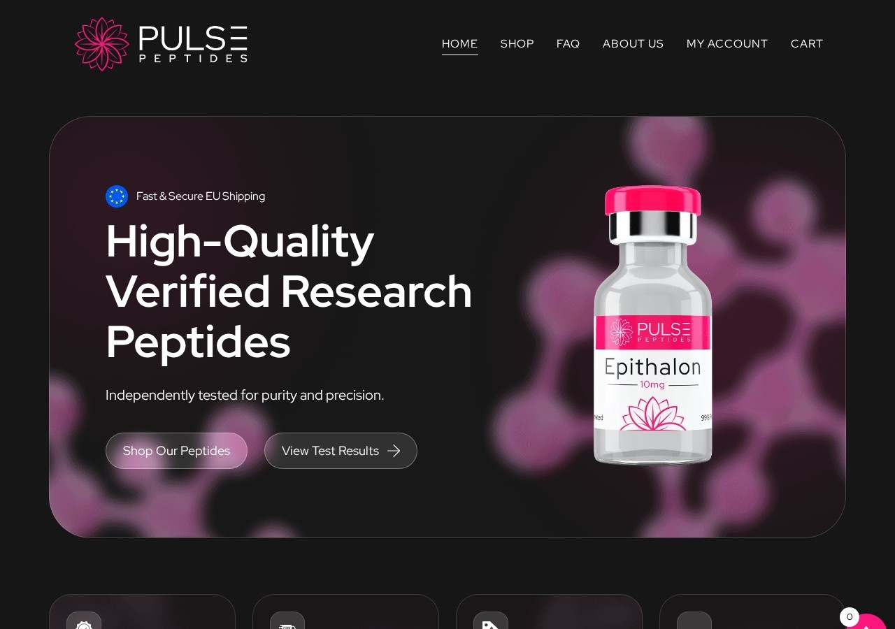 Homepage screenshot of the Pulse Peptides research-peptide website (EU (Cyprus)).