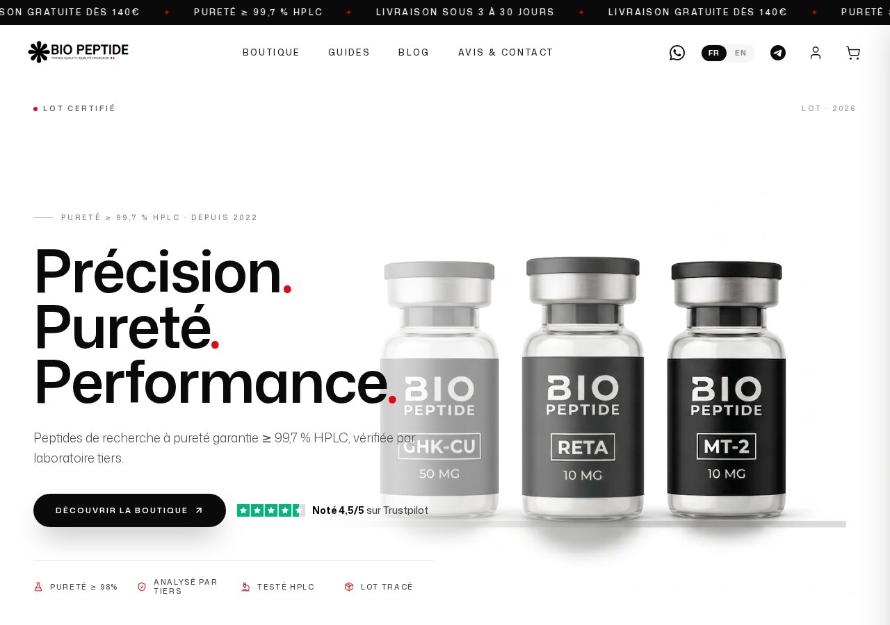 Homepage screenshot of the Biopeptide research-peptide website (France).