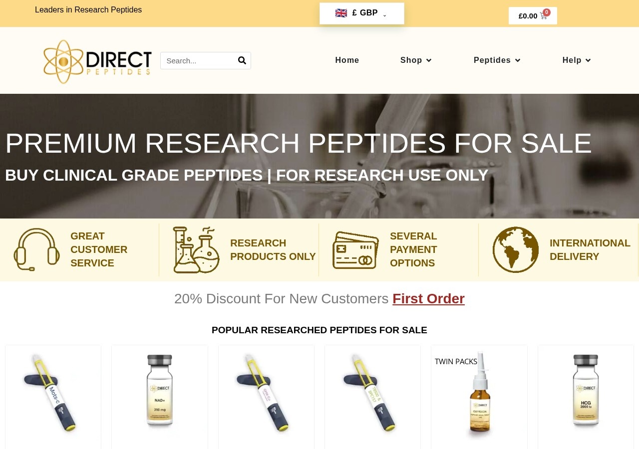 Homepage screenshot of the Direct Peptides research-peptide website (UK).