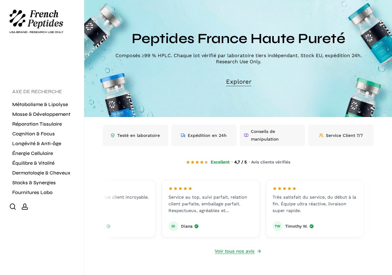 Homepage screenshot of the French Peptides research-peptide website (France fulfilment; operator Nova Lab Solutions LLC (USA)).