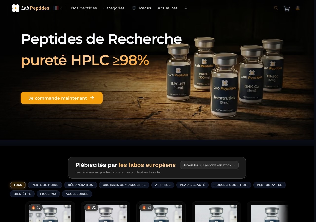 Homepage screenshot of the Lab Peptides France research-peptide website (France).