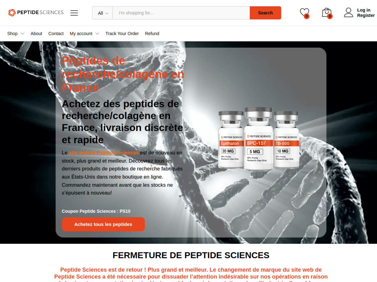 Homepage screenshot of the Peptide Sciences France research-peptide website (Unknown (French-language store; products stated US-made)).