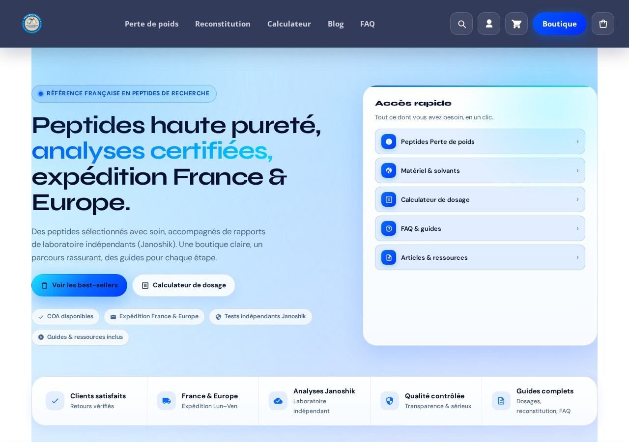 Homepage screenshot of the Peptides France research-peptide website (France).