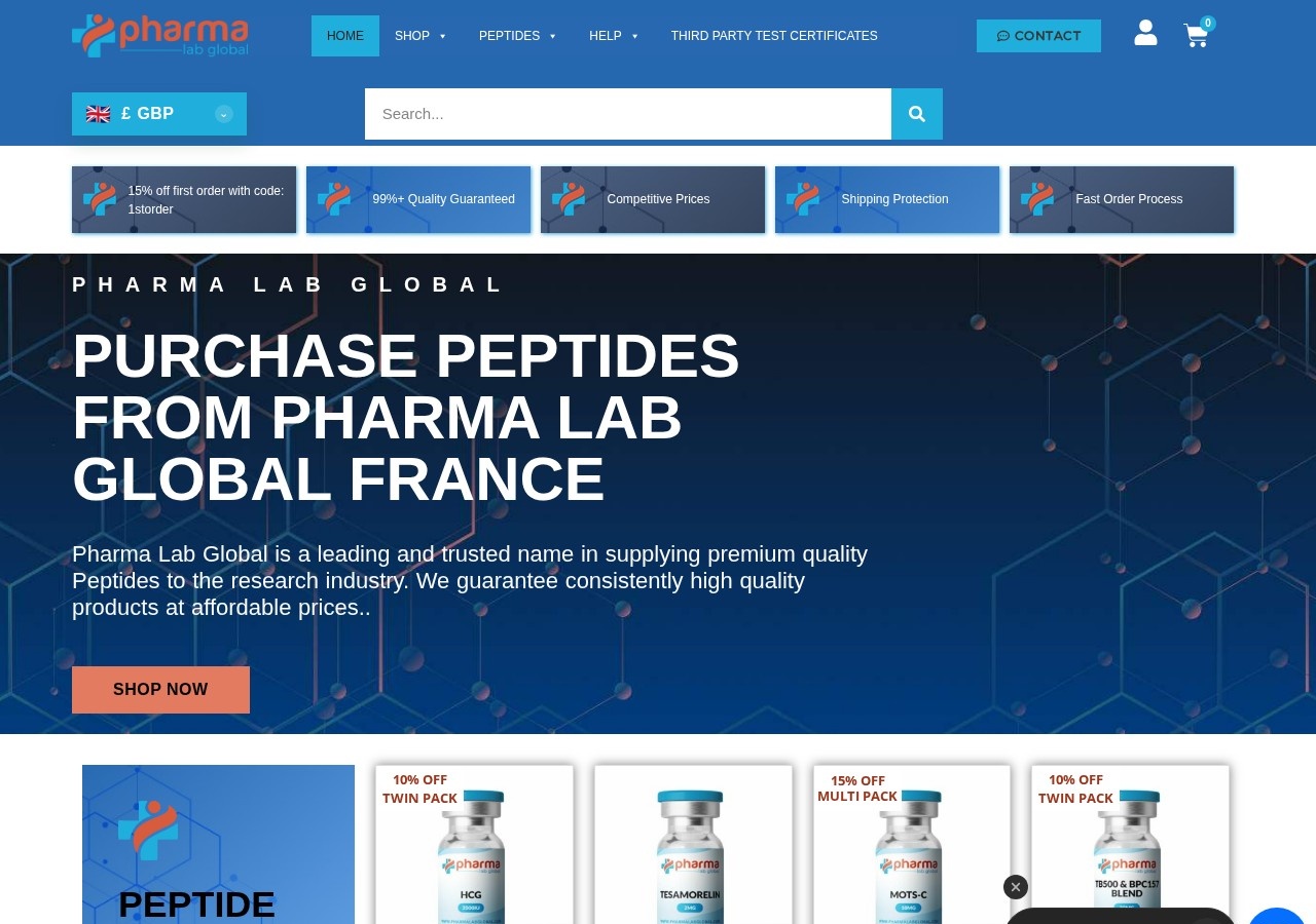 Homepage screenshot of the Pharma Lab Global France research-peptide website (UK brand (France storefront)).