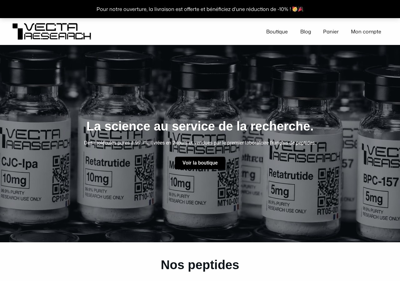Homepage screenshot of the VectaResearch research-peptide website (France).