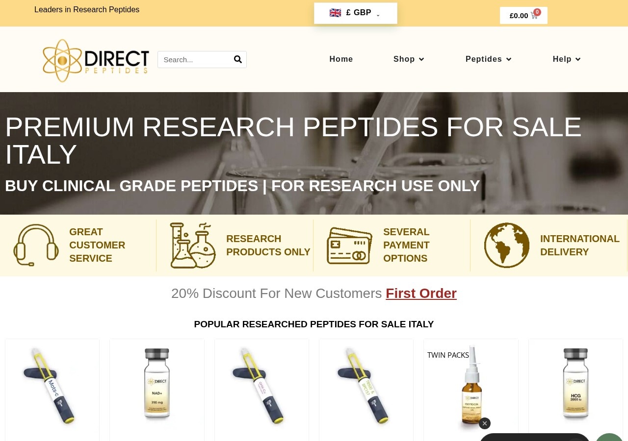 Homepage screenshot of the Direct Peptides research-peptide website (UK (dedicated Italy storefront)).